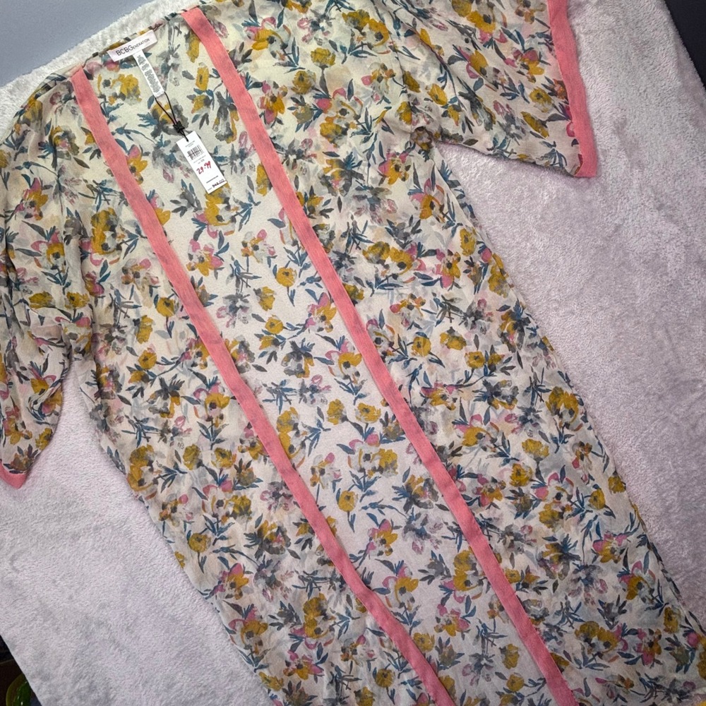 NWT‎ BCBGeneration Women Kimono OS Ivory Multi Floral Sheer Longline Open Front